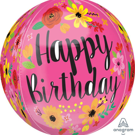 16" Orbz Happy Birthday Pink Floral Balloon