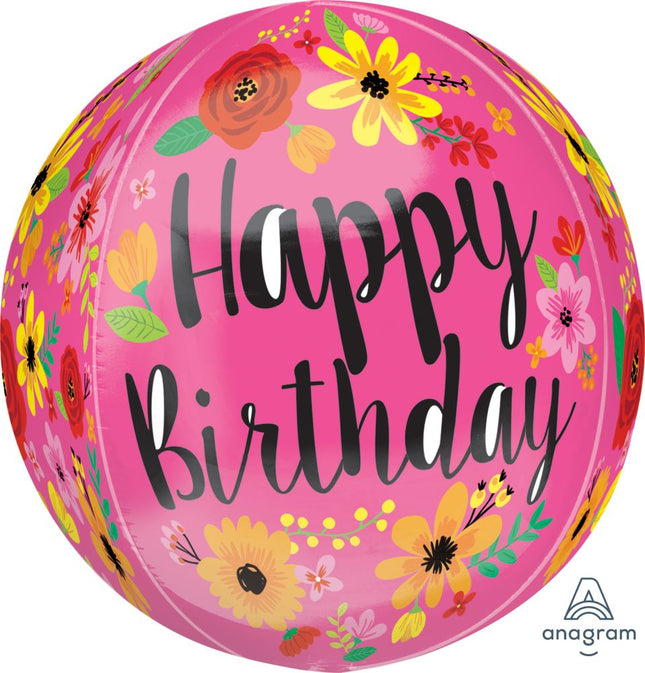 16" Orbz Happy Birthday Pink Floral Balloon