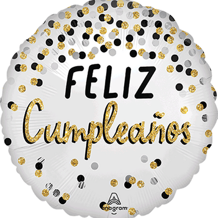 17" Black Silver Gold Feliz Cumpleaños (Globo Redondo Feliz Cumpleaños Negro Plata y Dorado) 43 cm