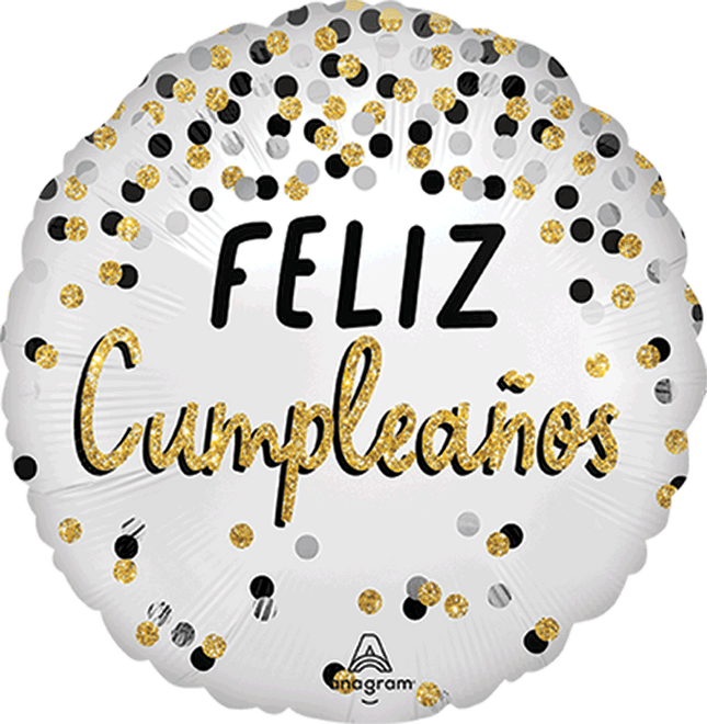 17" Black Silver Gold Feliz Cumpleaños (Globo Redondo Feliz Cumpleaños Negro Plata y Dorado) 43 cm