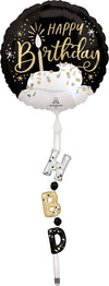 AirWalker Tail Satin Black Silver Gold Happy Birthday Balloon