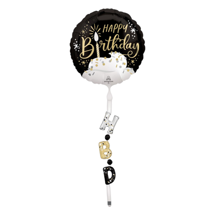 AirWalker Tail Satin Black Silver Gold Happy Birthday Balloon