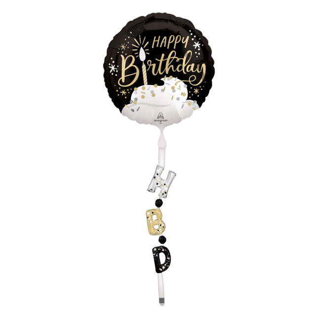 AirWalker Tail Satin Black Silver Gold Happy Birthday Balloon
