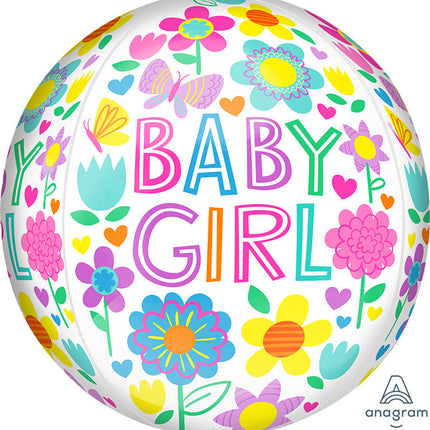 Globo Orbz Baby Shower Niña Flores y Mariposas de 16" (40 cm)