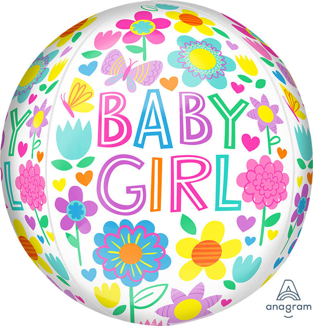 Globo Orbz Baby Shower Niña Flores y Mariposas de 16" (40 cm)